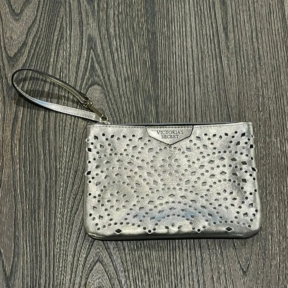 Victoria's Secret Wristlet Bag Makeup Cosmetics Zipper Closure Perforated Gold